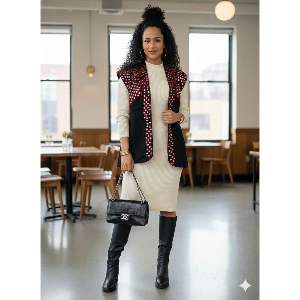 Sfera Casual Black Red Mirror Embroidered Open Front Vest Boho Large